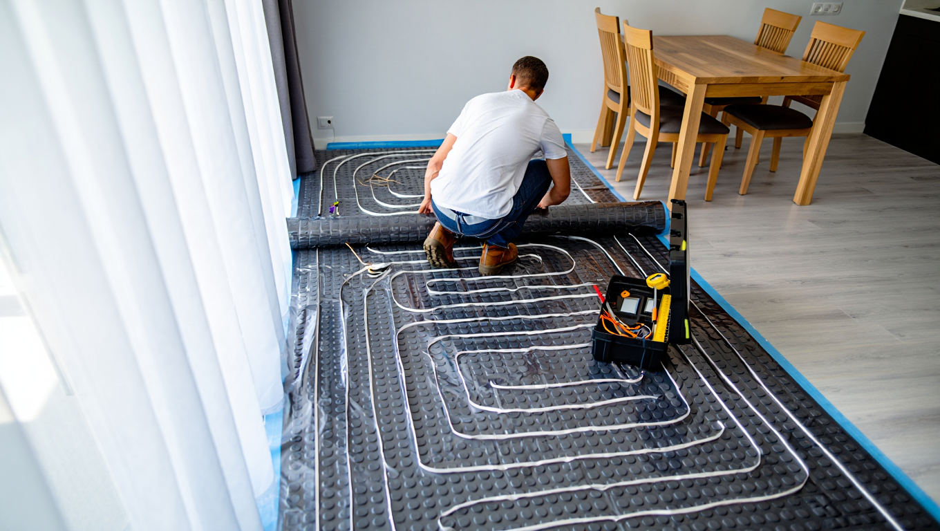 Гигрометр показывает влажность 48% в комнате с теплым полом CALEO Сравнение конвекции от радиатора и инфракрасного обогрева пленкой CALEO Ребенок играет на теплом полу CALEO босиком без простуд Спальня с теплым полом CALEO без увлажнителя воздуха зимой Датчик влажности и температуры в детской комнате с системой CALEO